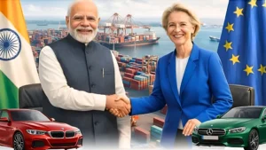 News 17 A luxury BMW sedan with the India-EU FTA logo, highlighting the import duty reduction from 110% to 30%.