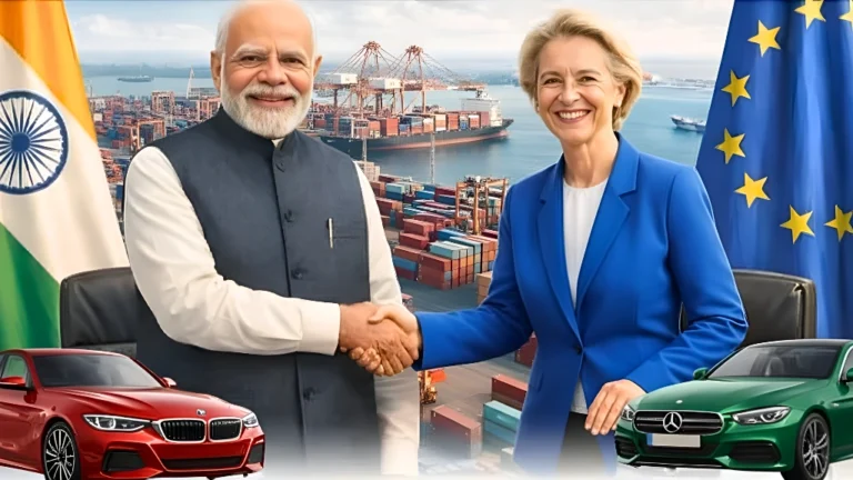 A luxury BMW sedan with the India-EU FTA logo, highlighting the import duty reduction from 110% to 30%.