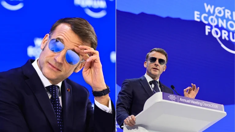 Emmanuel Macron wearing Henry Jullien aviator sunglasses during his keynote speech at Davos 2026, which triggered a massive 28% luxury stock market surge.