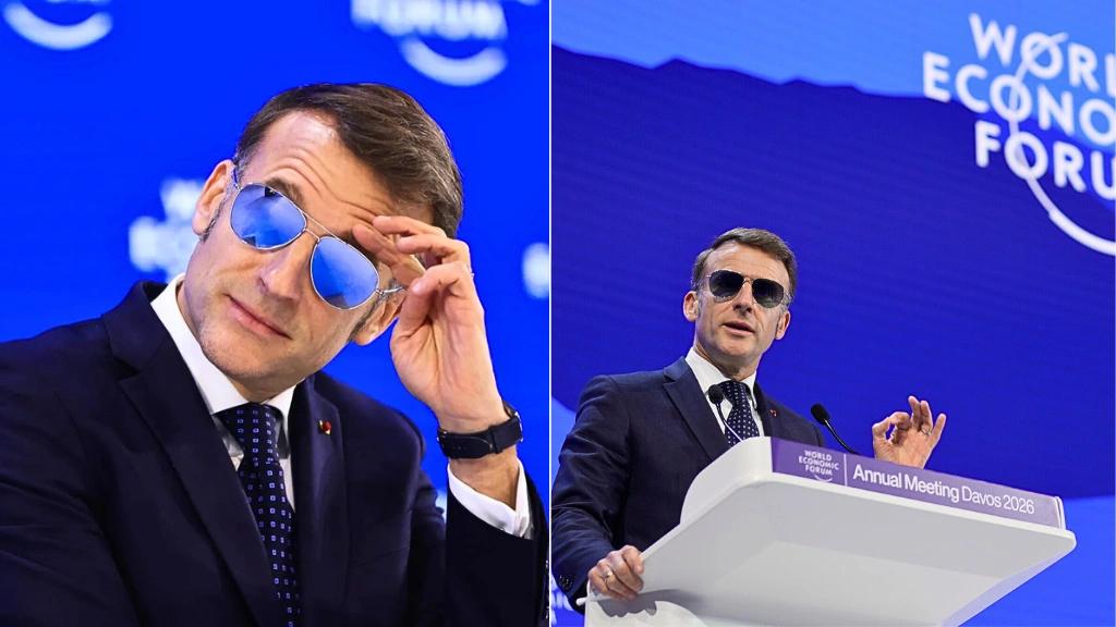 Davos 2026: Macron’s aviators cause 28% stock market spike 1 Emmanuel Macron wearing Henry Jullien aviator sunglasses during his keynote speech at Davos 2026, which triggered a massive 28% luxury stock market surge.