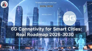 News 6 Technical diagram of 6G connectivity in a smart city featuring Terahertz urban infrastructure, Network as a sensor nodes, and Agentic AI 6G orchestration.