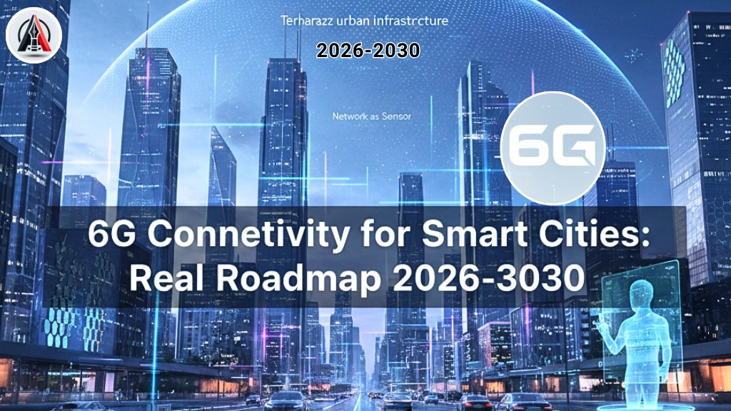 Technical diagram of 6G connectivity in a smart city featuring Terahertz urban infrastructure, Network as a sensor nodes, and Agentic AI 6G orchestration.