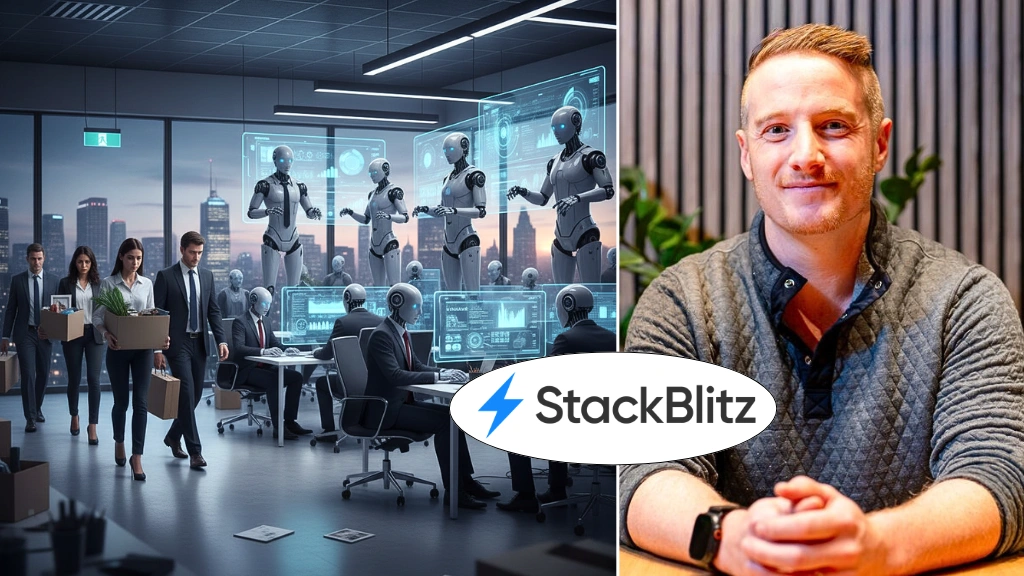 Articoli News - Home 18 A digital dashboard showing AI agents in workplace metrics alongside human employee roles at StackBlitz.