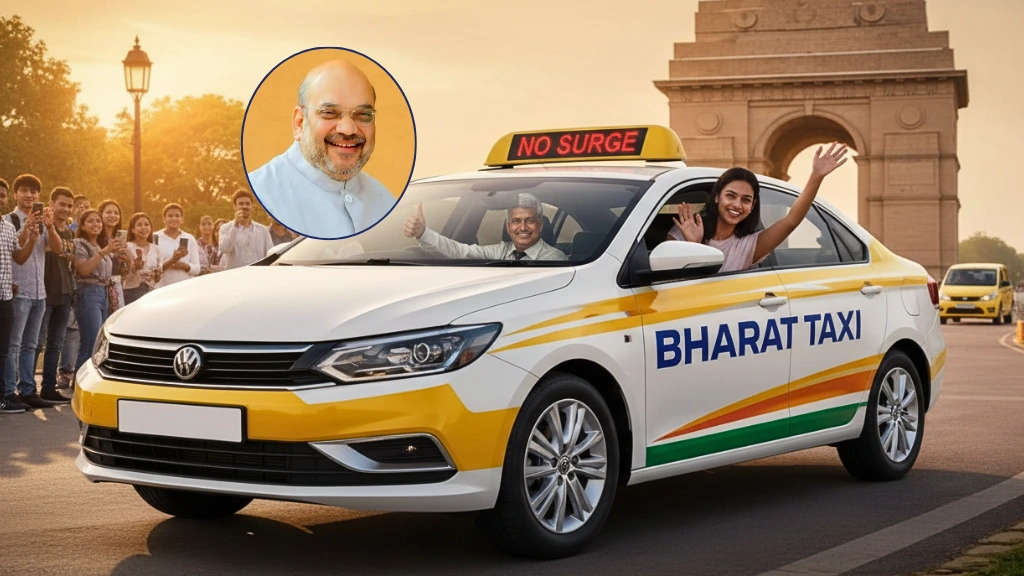 A driver using the new Bharat Taxi launch app in Delhi, showing the zero-commission cooperative model.