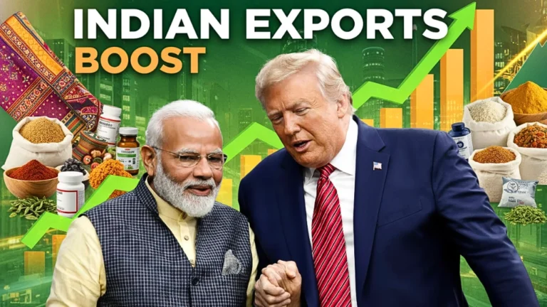 Cargo ship carrying Indian goods to the USA, representing the impact of the new 18% us tarrifs on export growth.