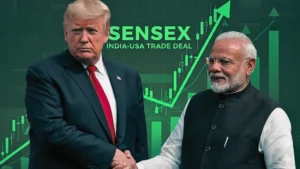 News 14 Stock market board showing the Sensex today green rally and 2,500-point jump following the 18% tariff cut news.