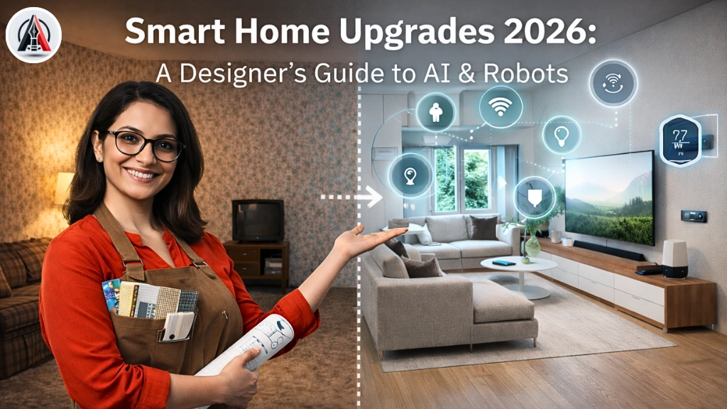 Designer-led smart home upgrades 2026 featuring automated windows, AI appliances, and a robot vacuum in a modern living room.