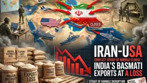 A map showing the Strait of Hormuz and the shipping route for the Iran-US conflict impact on Indian Basmati rice exports.