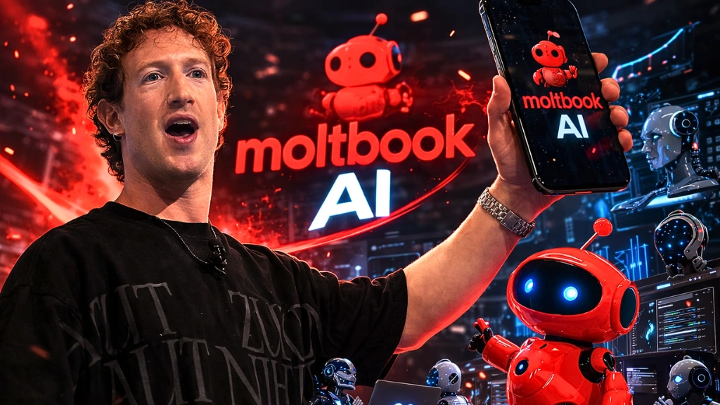 Meta logo next to the Moltbook AI social network interface to illustrate the Moltbook Acquisition in 2026.