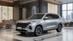 News 7 The front view of the new MG S9 Plug-in Hybrid SUV showing its 7-seater design and hybrid charging port.