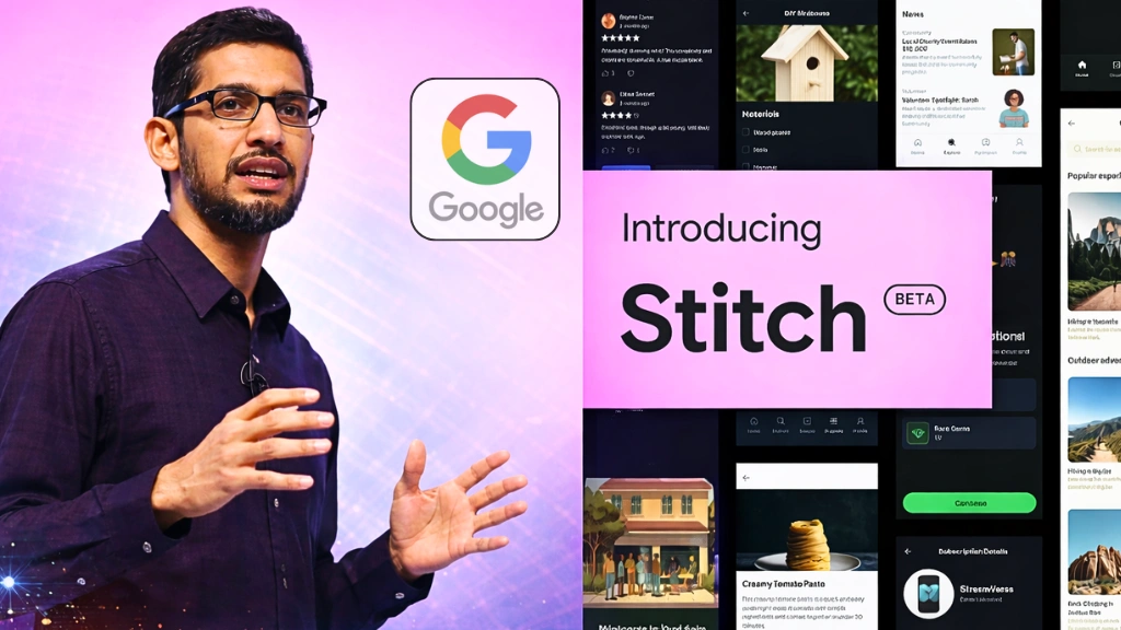 A designer using Stitch by Google to build a mobile app interface using AI voice prompts, along with an image of Sundar Pichai iamge
