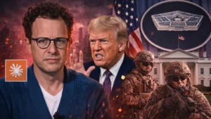 A digital display showing the Trump vs anthropic legal dispute over AI safety and military usage.