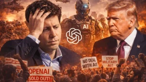 Graphic showing the protest against the US AI military deal and the rise in ChatGPT uninstall rates.