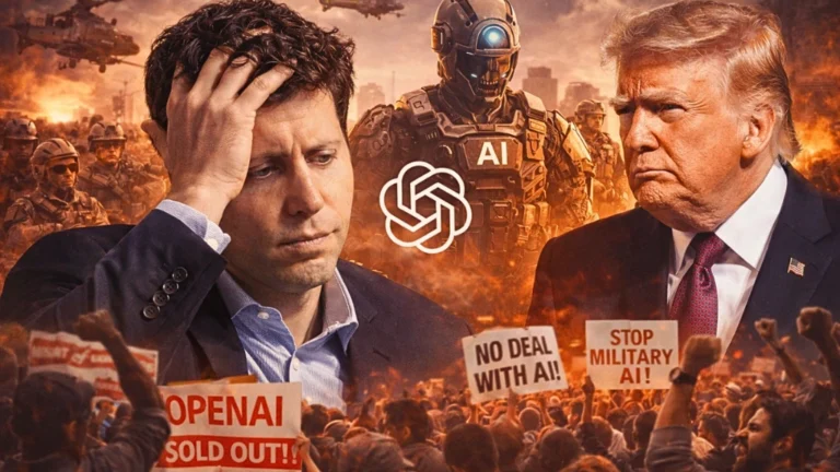 Articoli News - Home 21 Graphic showing the protest against the US AI military deal and the rise in ChatGPT uninstall rates.