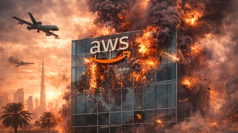 Articoli News - Home 38 Illustration of a US data center showing physical infrastructure damage and its effect on regional cloud availability.