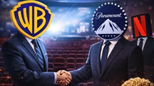 Official logos of warner bros discovery and Paramount Skydance representing the $110 billion media merger.