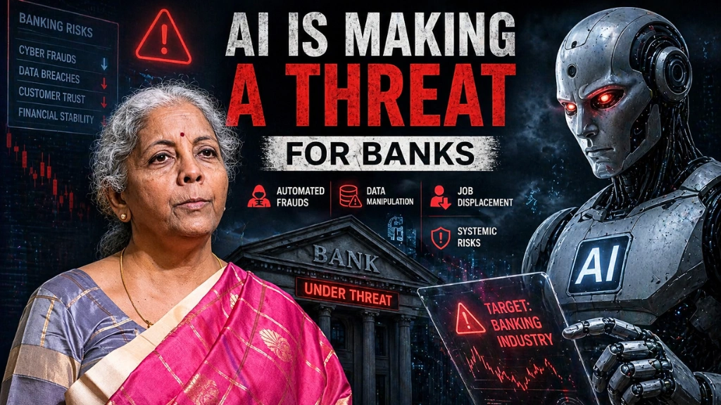 A visual representation of Nirmala Sitaraman & the AI threat in banking showing deepfake detection and digital security layers.