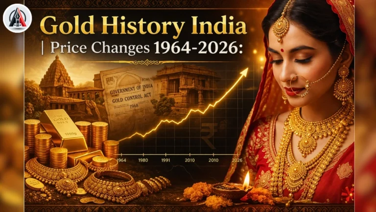 Infographic showing Gold History India price changes from 1964 to 2026, featuring a rising price graph, the 1968 Gold Control Act document, and a bride wearing traditional Indian gold jewelry.