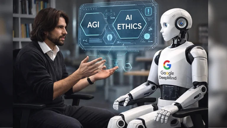 A conceptual image showing the google deepmind logo on a ai robot alongside a philosopher, Henry Shevlin, AI image to represent AI ethics and AGI