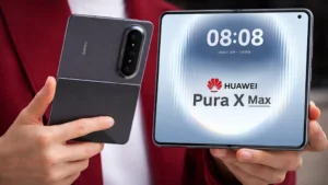 A leaked render of the huawei-pura-x-max foldable smartphone showing the wide inner display and triple-camera setup.