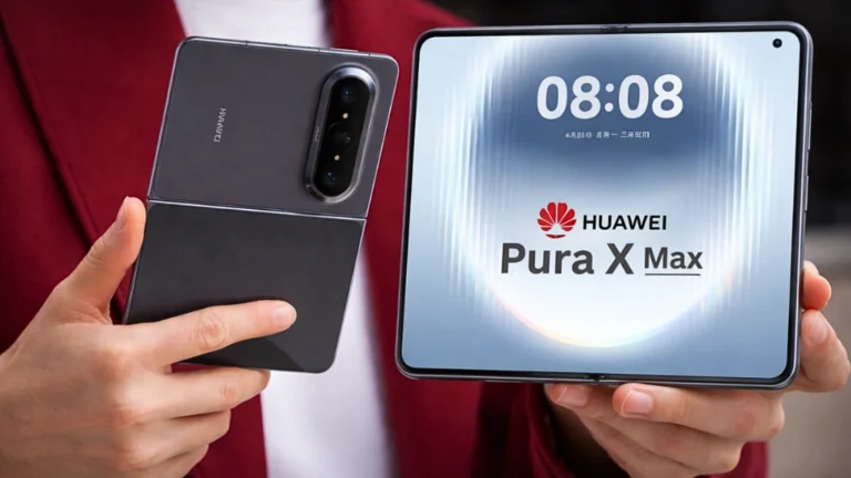 A leaked render of the huawei-pura-x-max foldable smartphone showing the wide inner display and triple-camera setup.