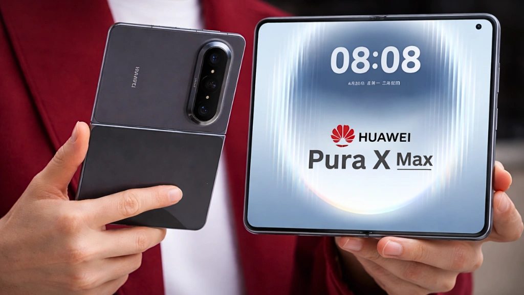 A leaked render of the huawei-pura-x-max foldable smartphone showing the wide inner display and triple-camera setup.