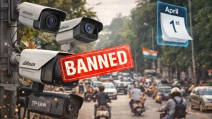 A security camera with a lock icon representing the CCTVs Ban and new STQC safety standards in India.