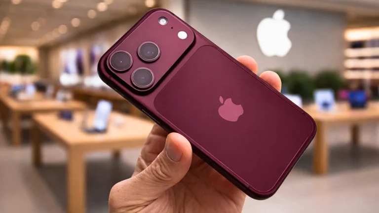 A high-quality render of the iPhone 18 Pro in the leaked Dark Cherry color showing the new smaller Dynamic Island design.