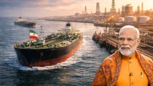 An oil tanker carrying Iranian oil docking at India's Sikka port in 2026.