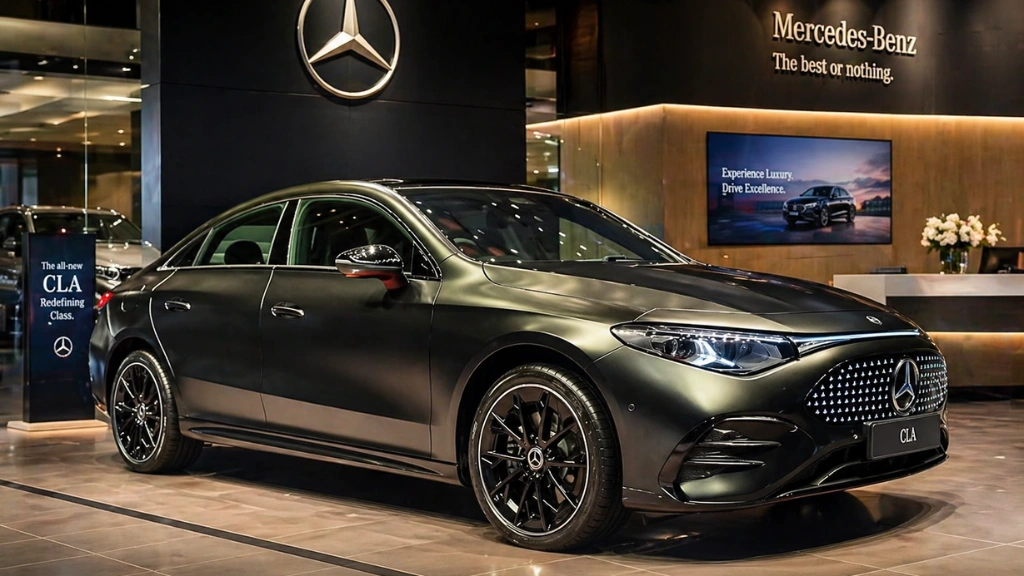 The new Mercedes-Benz CLA EV luxury sedan in its launch color, highlighting its sleek design car standing in a Mercedes showroom