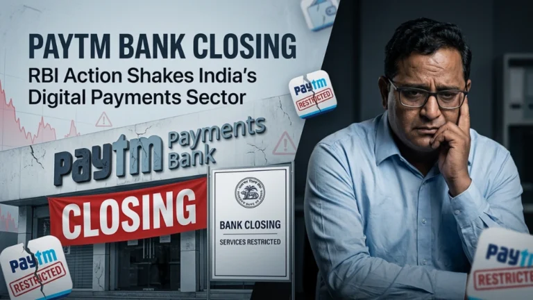 The official RBI notice regarding the PayTm Payments Bank licence cancellation and the bank's winding-up process. along side the concerned image of Vijay Shekhar Sharma, Paytm CEO