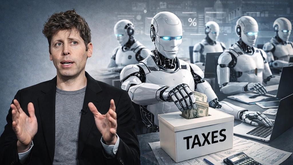 Sam Altman proposes a new robot tax to save jobs 1 A conceptual image showing a robot tax being applied to automated systems to help workers.
