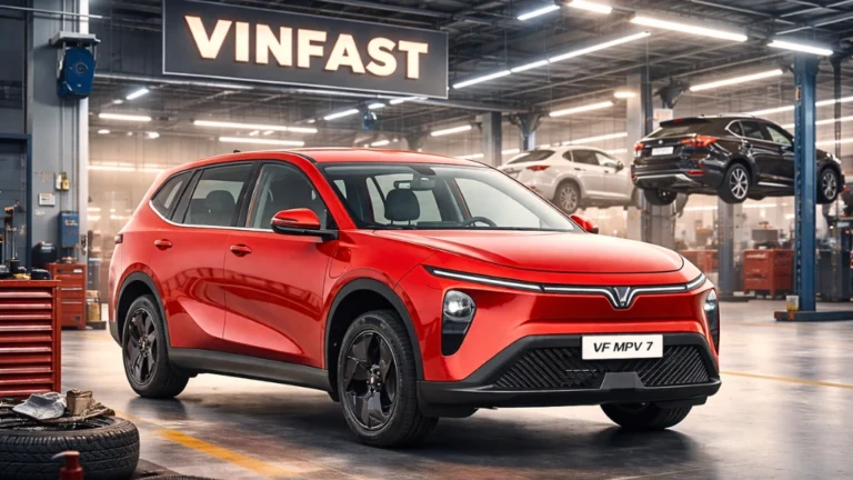 A front view of the Vinfast VF MPV 7, a new 7-seater electric family car being teased for the Indian market.