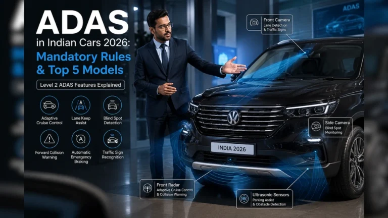 An automobile engineer explaining Level 2 ADAS features in a 2026 Indian SUV, highlighting cameras and radar sensors.