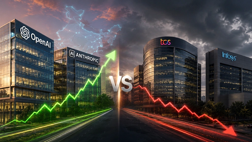 A comparison graphic showing the rise of AI Services from Anthropic and OpenAI against traditional Indian IT service models.