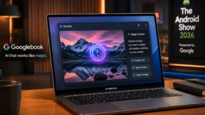 A high-quality view of the new googlebook laptop showing the Gemini AI "Magic Pointer" feature during The Android Show 2026.