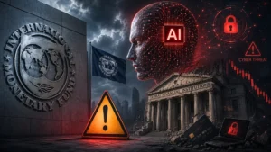A conceptual image representing the IMF Warning regarding AI cyber threats to global financial institutions.