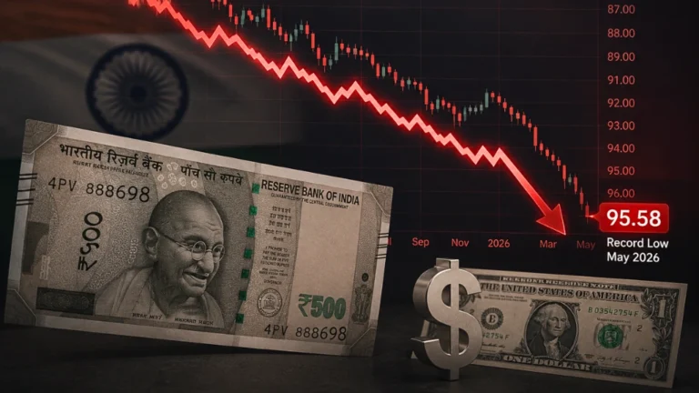 A financial chart showing the Indian rupee fall to a record low of 95.58 against the dollar in May 2026.