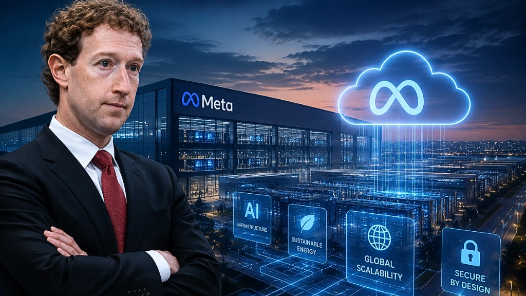 Articoli News - Home 8 A view of the advanced AI infrastructure and data centers powering the potential future of Meta Cloud computing services.