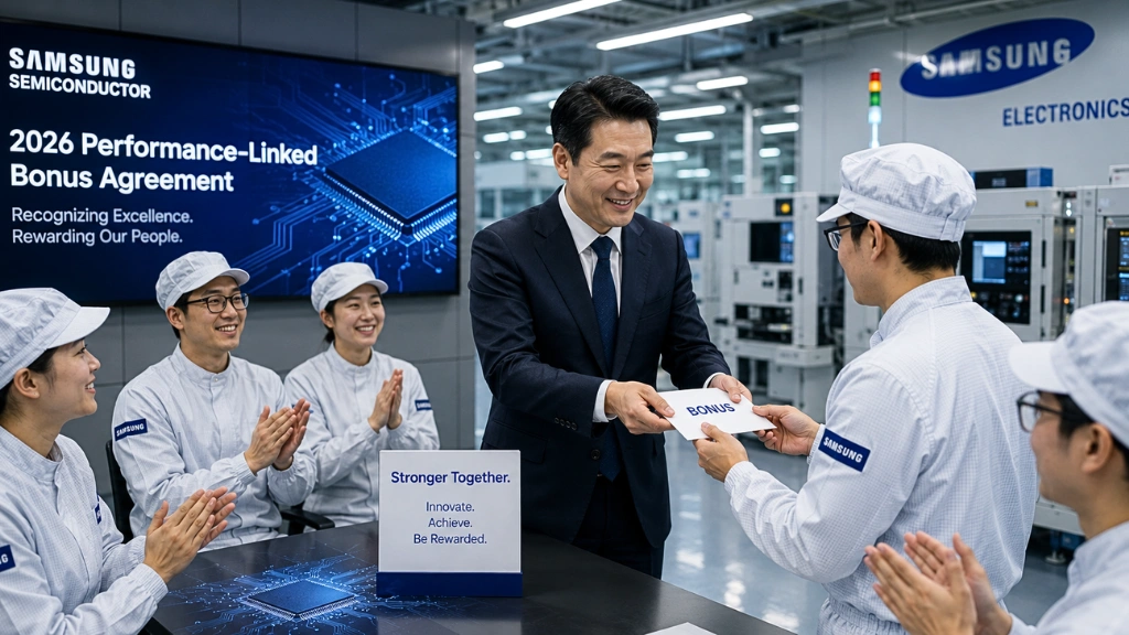 Samsung Electronics semiconductor employees discussing the new performance-linked bonus agreement for 2026.