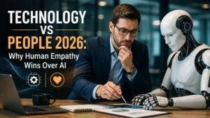 A human professional using critical thinking skills to guide an AI agent, illustrating the technology vs people balance in a modern office.