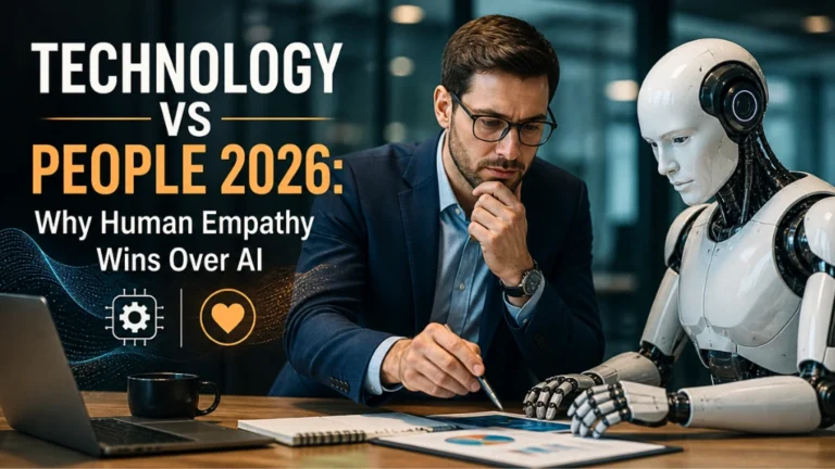 A human professional using critical thinking skills to guide an AI agent, illustrating the technology vs people balance in a modern office.