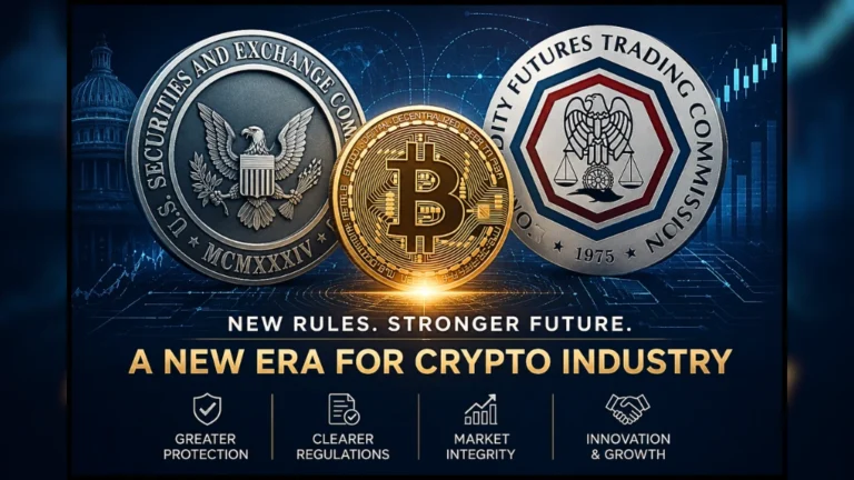 A visual representation of the SEC and CFTC logos with a digital coin, highlighting the new rules for the Crypto Industry.