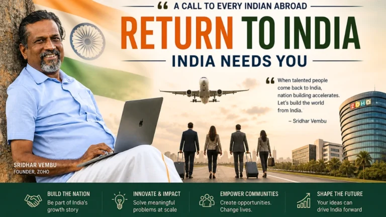 Zoho founder Sridhar Vembu working from his rural office, promoting the "Return to India" movement for tech talent.