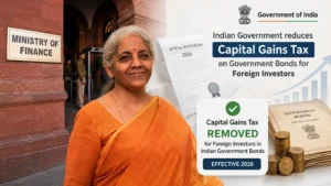 Official notification showing the removal of capital gains tax for foreign investors in Indian government bonds for 2026.