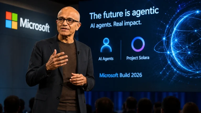 Articoli News - Home 6 Satya Nadella presenting the future of AI agents and Project Solara at the Microsoft Build 2026 developer conference.