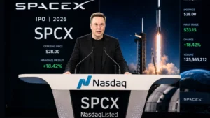 SpaceX IPO stock ticker SPCX displayed on the Nasdaq screen during its historic 2026 market debut.