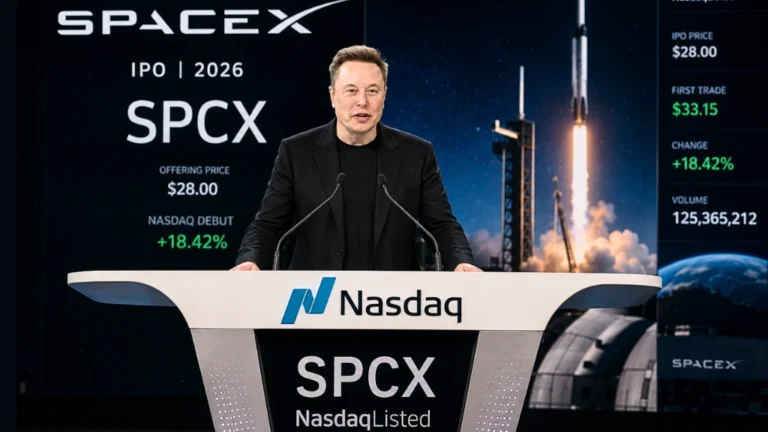 Articoli News - Home 4 SpaceX IPO stock ticker SPCX displayed on the Nasdaq screen during its historic 2026 market debut.