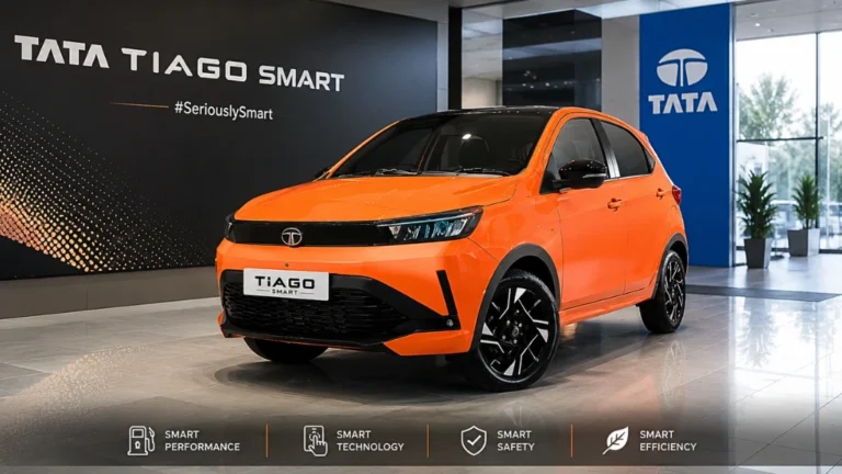 Articoli News - Home 45 The front view of the new Tata Tiago Smart CNG and Petrol Base model highlighting its practical, safety-first design for 2026.