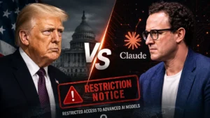 The US Government vs Claude AI dispute logo showing the restriction notice for advanced AI models in June 2026.